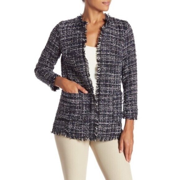 Catherine Maladrino Black Boucle Houndstooth Tweed Open Front Blazer - Picture 8 of 8